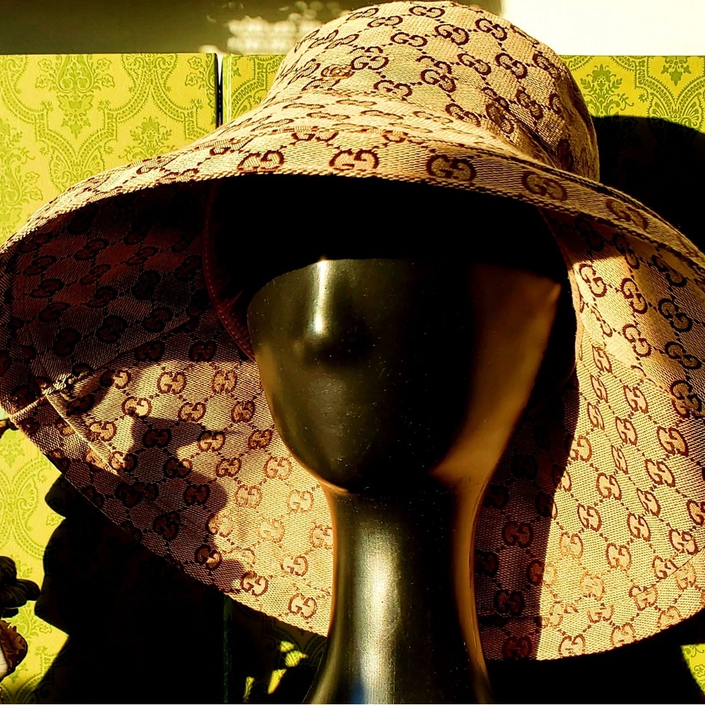Beige Monogram Wide Brim Large Bucket Hat Jacquard Canvas Beach Sun Coverage